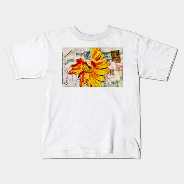 Gerbera Daisy on Vintage Postcard Kids T-Shirt by ninasilver